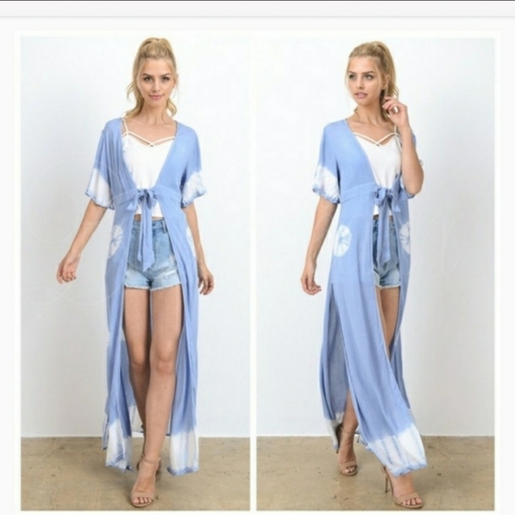 Maxi Kimono Cover Up Wrap Blue White Tie-Dye - Picture 3 of 3